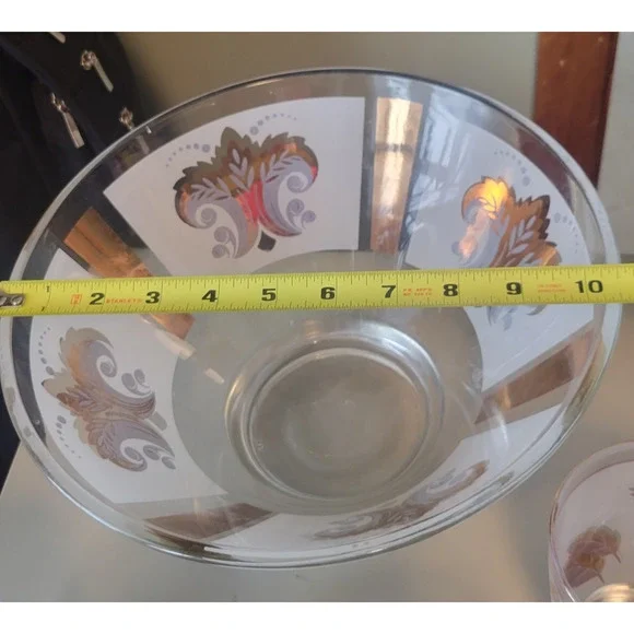 Libbey Gold Leaf Chip Bowl Vintage Serving Punch Frosted Glass Gold with 4 glass - Picture 10 of 12